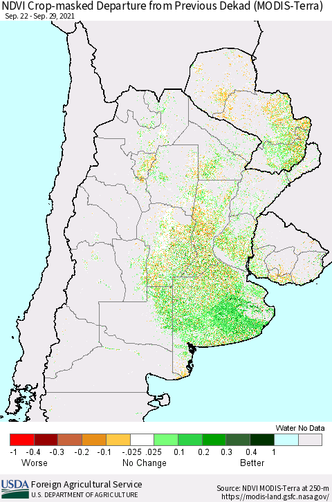 Southern South America Cropland NDVI Departure from Previous Dekad (Terra-MODIS) Thematic Map For 9/21/2021 - 9/30/2021