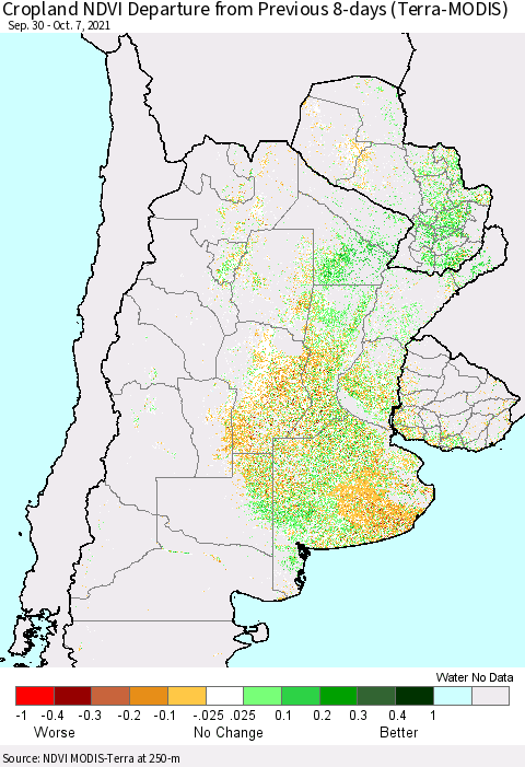Southern South America Cropland NDVI Departure from Previous 8-days (Terra-MODIS) Thematic Map For 9/30/2021 - 10/7/2021