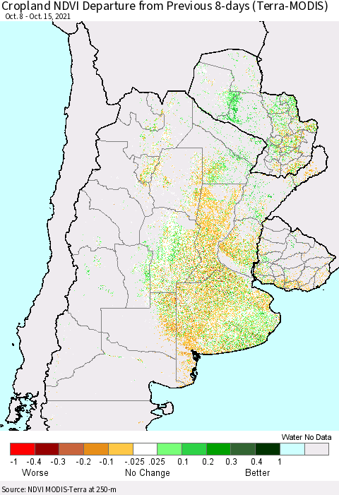 Southern South America Cropland NDVI Departure from Previous 8-days (Terra-MODIS) Thematic Map For 10/8/2021 - 10/15/2021