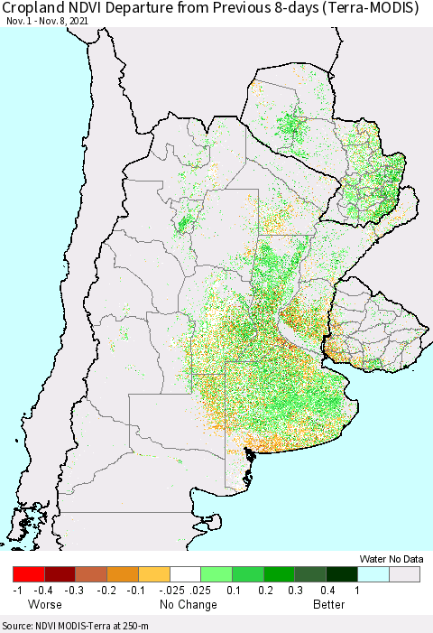 Southern South America Cropland NDVI Departure from Previous 8-days (Terra-MODIS) Thematic Map For 11/1/2021 - 11/8/2021