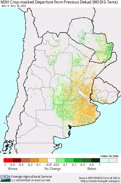 Southern South America Cropland NDVI Departure from Previous Dekad (Terra-MODIS) Thematic Map For 11/11/2021 - 11/20/2021