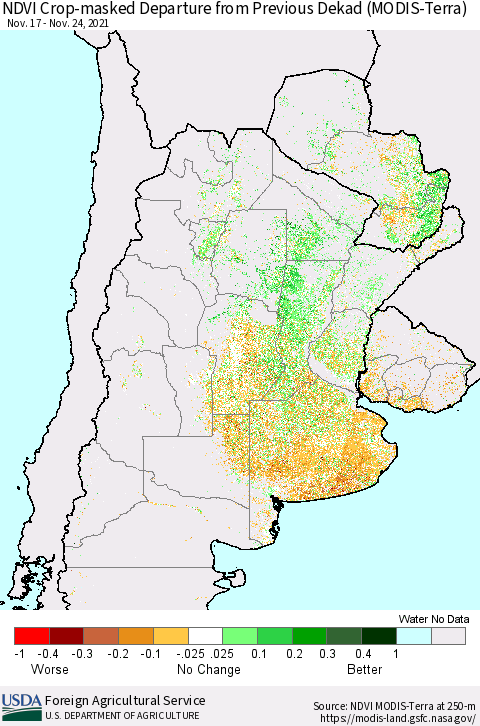 Southern South America Cropland NDVI Departure from Previous Dekad (Terra-MODIS) Thematic Map For 11/21/2021 - 11/30/2021