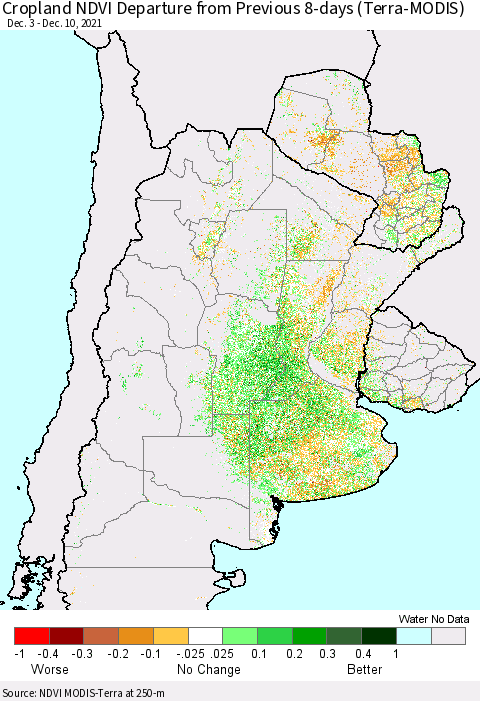 Southern South America Cropland NDVI Departure from Previous Dekad (Terra-MODIS) Thematic Map For 12/1/2021 - 12/10/2021