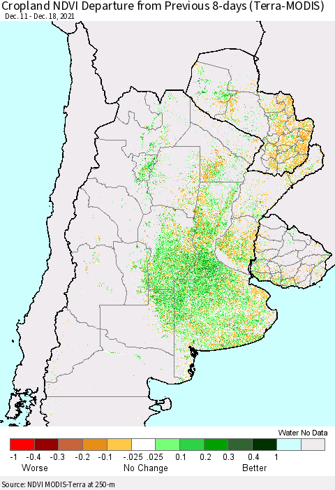 Southern South America Cropland NDVI Departure from Previous 8-days (Terra-MODIS) Thematic Map For 12/11/2021 - 12/18/2021
