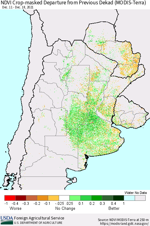 Southern South America Cropland NDVI Departure from Previous Dekad (Terra-MODIS) Thematic Map For 12/11/2021 - 12/20/2021