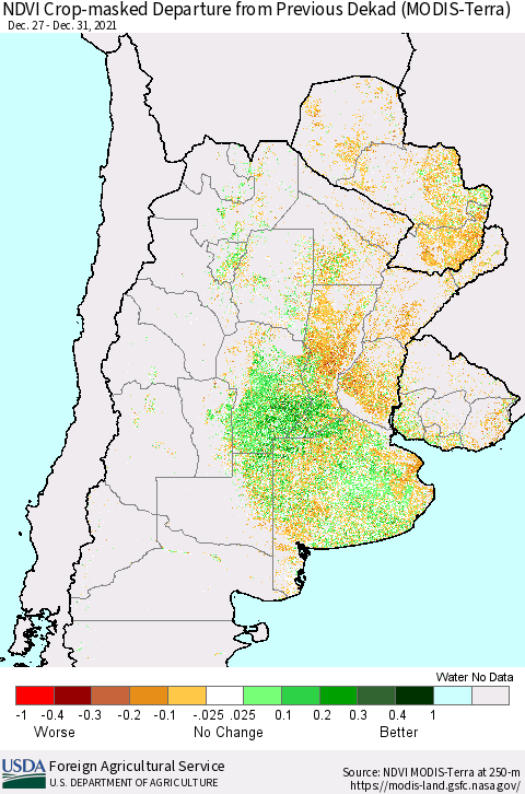 Southern South America Cropland NDVI Departure from Previous Dekad (Terra-MODIS) Thematic Map For 12/21/2021 - 12/31/2021
