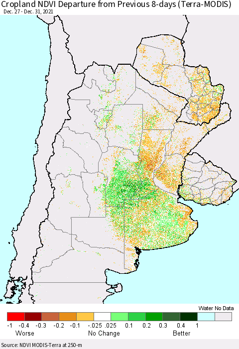 Southern South America Cropland NDVI Departure from Previous 8-days (Terra-MODIS) Thematic Map For 12/26/2021 - 1/2/2022
