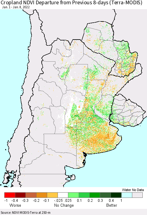 Southern South America Cropland NDVI Departure from Previous 8-days (Terra-MODIS) Thematic Map For 1/1/2022 - 1/8/2022