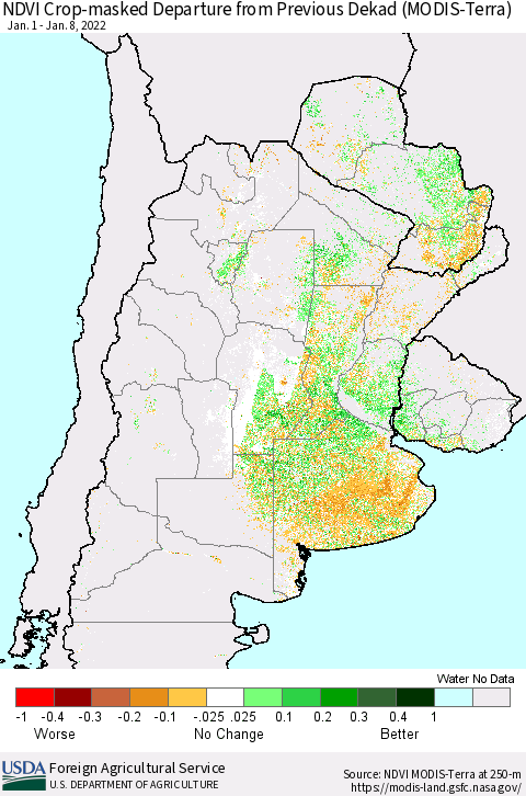 Southern South America Cropland NDVI Departure from Previous Dekad (Terra-MODIS) Thematic Map For 1/1/2022 - 1/10/2022
