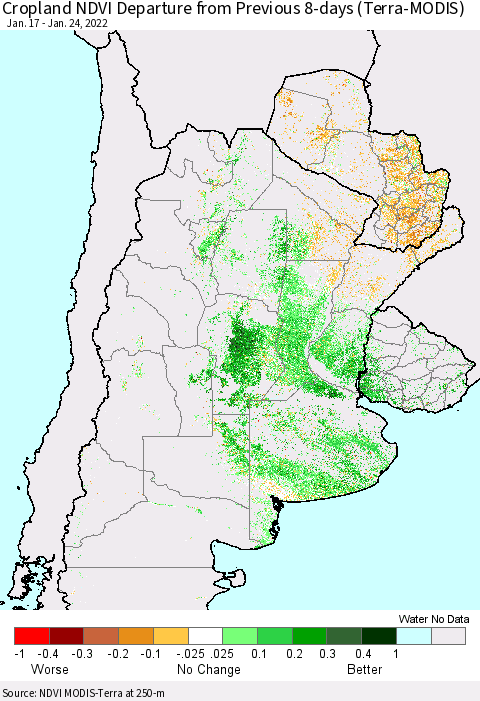 Southern South America Cropland NDVI Departure from Previous 8-days (Terra-MODIS) Thematic Map For 1/17/2022 - 1/24/2022
