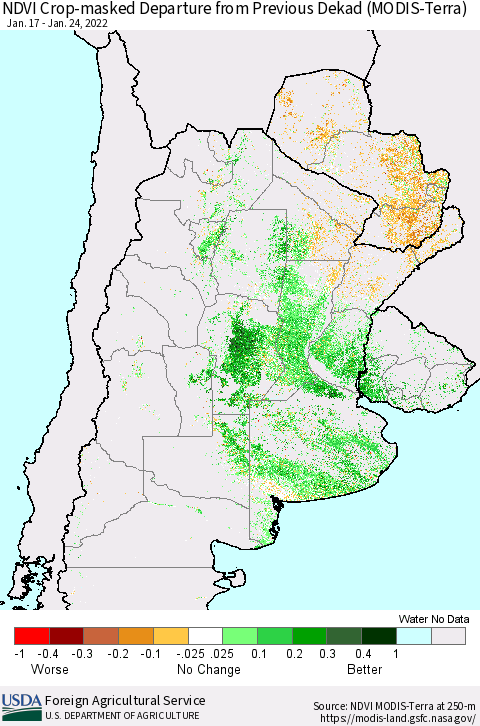 Southern South America Cropland NDVI Departure from Previous Dekad (Terra-MODIS) Thematic Map For 1/21/2022 - 1/31/2022