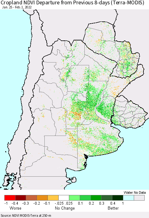 Southern South America Cropland NDVI Departure from Previous 8-days (Terra-MODIS) Thematic Map For 1/25/2022 - 2/1/2022
