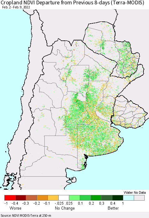 Southern South America Cropland NDVI Departure from Previous 8-days (Terra-MODIS) Thematic Map For 2/2/2022 - 2/9/2022