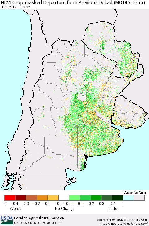Southern South America Cropland NDVI Departure from Previous Dekad (Terra-MODIS) Thematic Map For 2/1/2022 - 2/10/2022