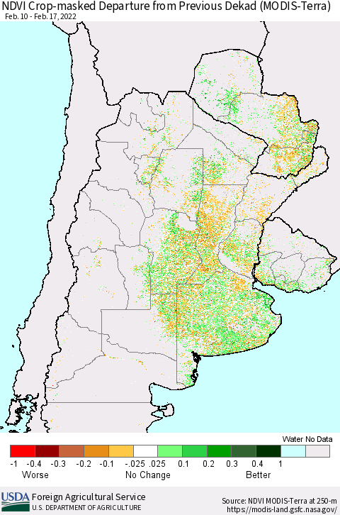 Southern South America Cropland NDVI Departure from Previous Dekad (Terra-MODIS) Thematic Map For 2/11/2022 - 2/20/2022