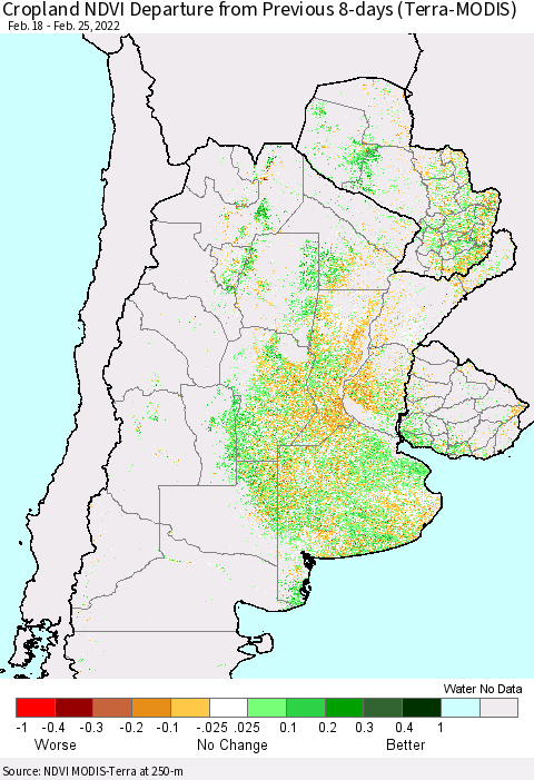 Southern South America Cropland NDVI Departure from Previous 8-days (Terra-MODIS) Thematic Map For 2/18/2022 - 2/25/2022