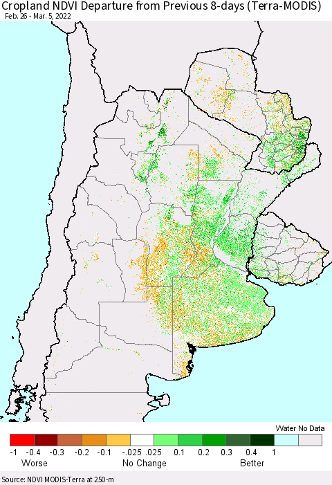 Southern South America Cropland NDVI Departure from Previous 8-days (Terra-MODIS) Thematic Map For 2/26/2022 - 3/5/2022