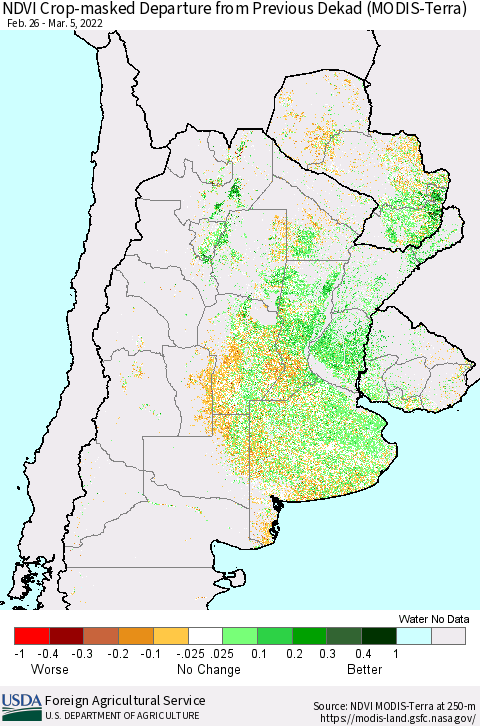 Southern South America Cropland NDVI Departure from Previous Dekad (Terra-MODIS) Thematic Map For 3/1/2022 - 3/10/2022
