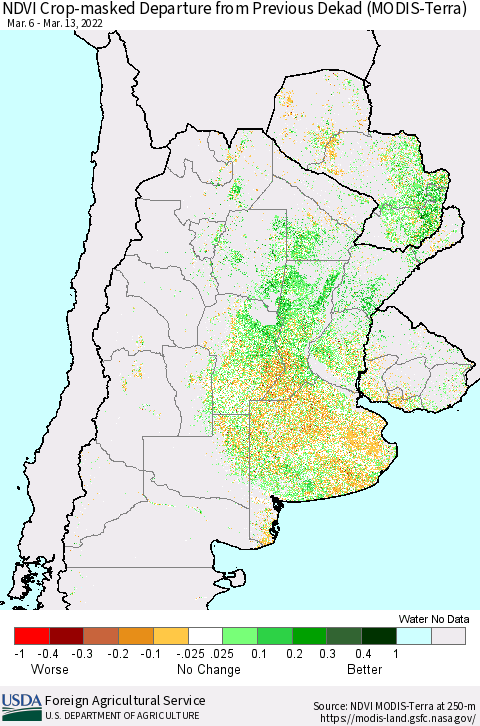 Southern South America Cropland NDVI Departure from Previous Dekad (Terra-MODIS) Thematic Map For 3/11/2022 - 3/20/2022
