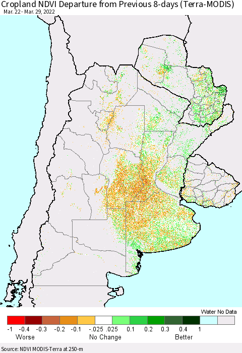 Southern South America Cropland NDVI Departure from Previous 8-days (Terra-MODIS) Thematic Map For 3/22/2022 - 3/29/2022