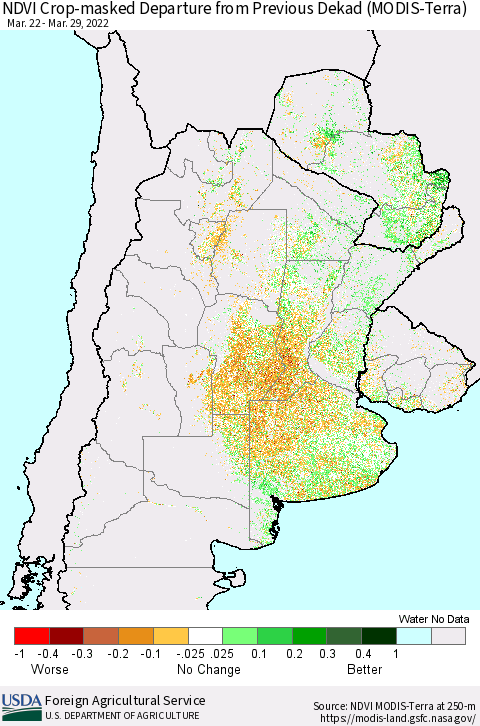 Southern South America Cropland NDVI Departure from Previous Dekad (Terra-MODIS) Thematic Map For 3/21/2022 - 3/31/2022