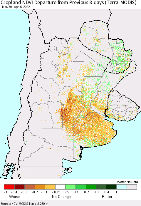 Southern South America Cropland NDVI Departure from Previous 8-days (Terra-MODIS) Thematic Map For 3/30/2022 - 4/6/2022