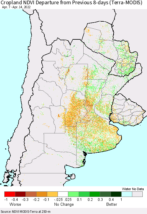 Southern South America Cropland NDVI Departure from Previous 8-days (Terra-MODIS) Thematic Map For 4/7/2022 - 4/14/2022