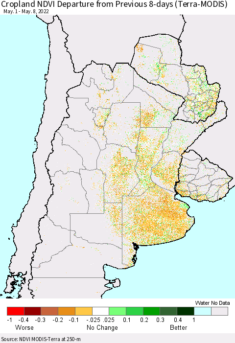 Southern South America Cropland NDVI Departure from Previous 8-days (Terra-MODIS) Thematic Map For 5/1/2022 - 5/8/2022