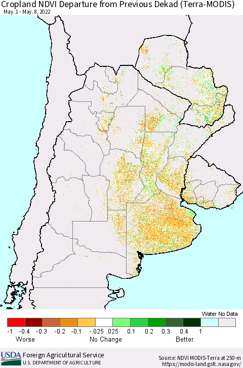 Southern South America Cropland NDVI Departure from Previous Dekad (Terra-MODIS) Thematic Map For 5/1/2022 - 5/10/2022
