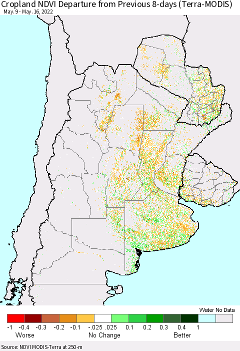 Southern South America Cropland NDVI Departure from Previous 8-days (Terra-MODIS) Thematic Map For 5/9/2022 - 5/16/2022