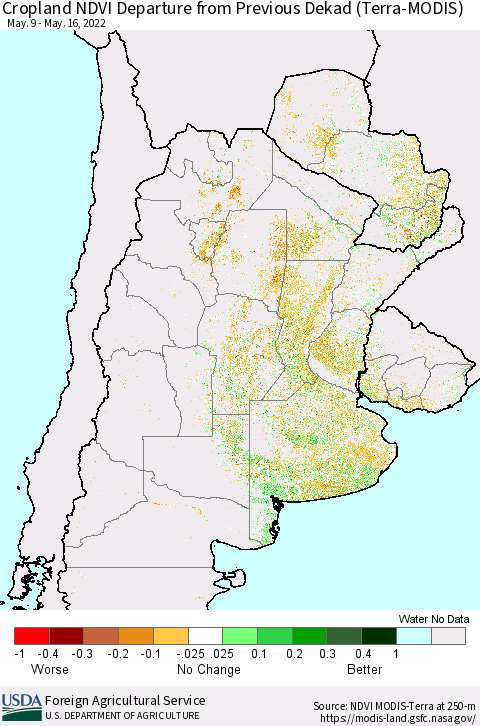 Southern South America Cropland NDVI Departure from Previous Dekad (Terra-MODIS) Thematic Map For 5/11/2022 - 5/20/2022