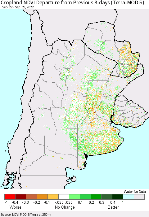 Southern South America Cropland NDVI Departure from Previous 8-days (Terra-MODIS) Thematic Map For 9/22/2022 - 9/29/2022