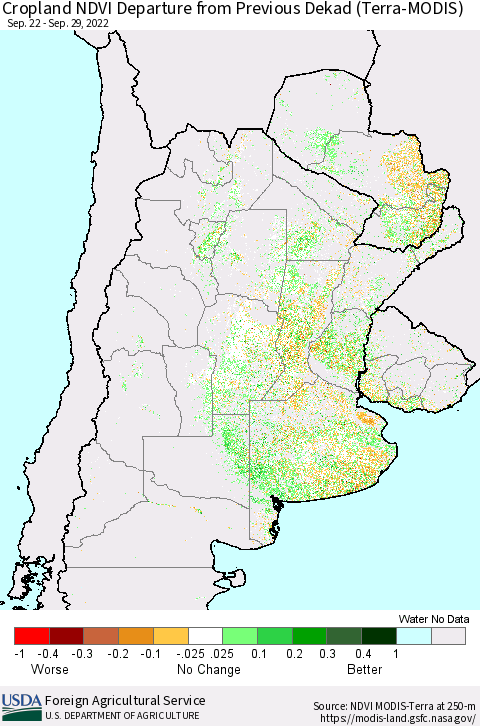 Southern South America Cropland NDVI Departure from Previous Dekad (Terra-MODIS) Thematic Map For 9/21/2022 - 9/30/2022