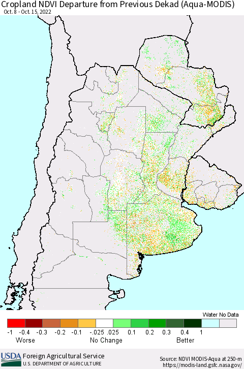 Southern South America Cropland NDVI Departure from Previous Dekad (Terra-MODIS) Thematic Map For 10/11/2022 - 10/20/2022