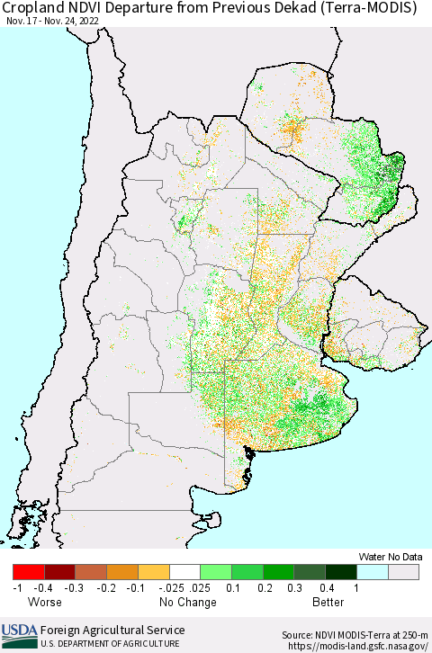 Southern South America Cropland NDVI Departure from Previous Dekad (Terra-MODIS) Thematic Map For 11/21/2022 - 11/30/2022