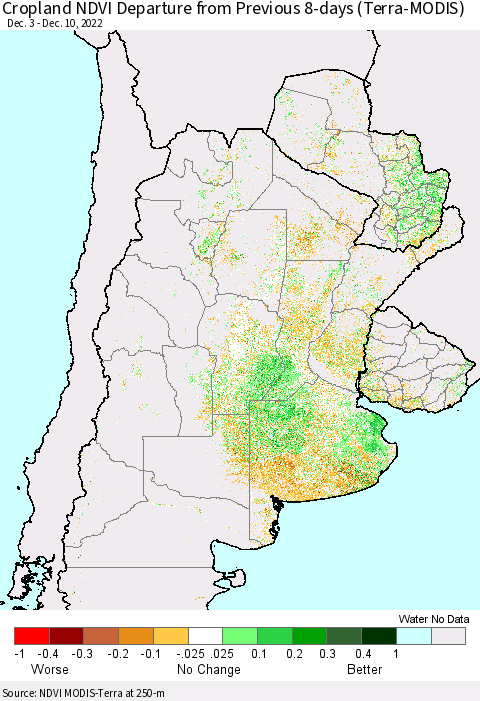 Southern South America Cropland NDVI Departure from Previous Dekad (Terra-MODIS) Thematic Map For 12/1/2022 - 12/10/2022