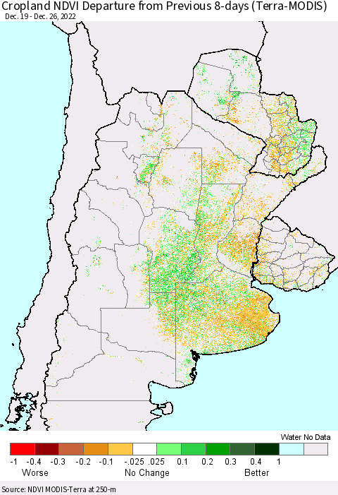 Southern South America Cropland NDVI Departure from Previous 8-days (Terra-MODIS) Thematic Map For 12/19/2022 - 12/26/2022