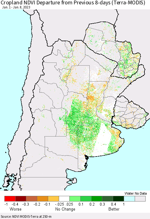Southern South America Cropland NDVI Departure from Previous 8-days (Terra-MODIS) Thematic Map For 1/1/2023 - 1/8/2023