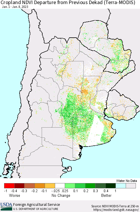 Southern South America Cropland NDVI Departure from Previous Dekad (Terra-MODIS) Thematic Map For 1/1/2023 - 1/10/2023