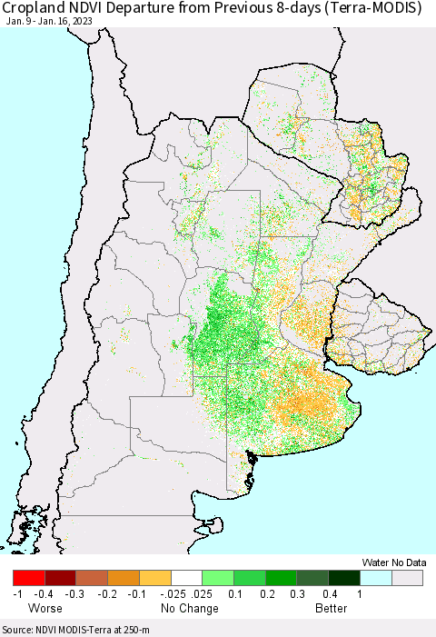 Southern South America Cropland NDVI Departure from Previous 8-days (Terra-MODIS) Thematic Map For 1/9/2023 - 1/16/2023