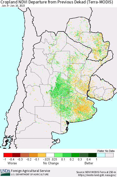 Southern South America Cropland NDVI Departure from Previous Dekad (Terra-MODIS) Thematic Map For 1/11/2023 - 1/20/2023