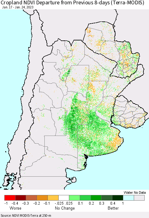 Southern South America Cropland NDVI Departure from Previous 8-days (Terra-MODIS) Thematic Map For 1/17/2023 - 1/24/2023