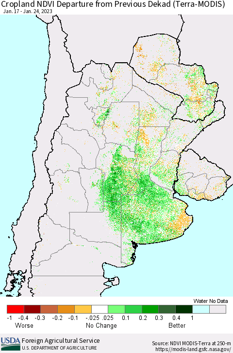 Southern South America Cropland NDVI Departure from Previous Dekad (Terra-MODIS) Thematic Map For 1/21/2023 - 1/31/2023