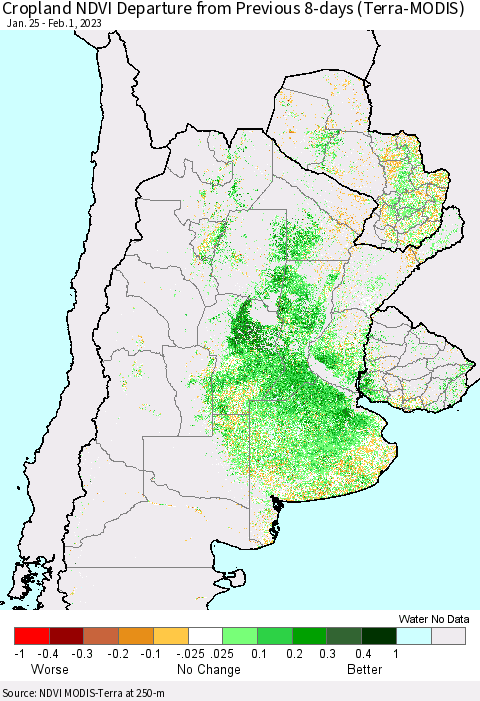 Southern South America Cropland NDVI Departure from Previous 8-days (Terra-MODIS) Thematic Map For 1/25/2023 - 2/1/2023