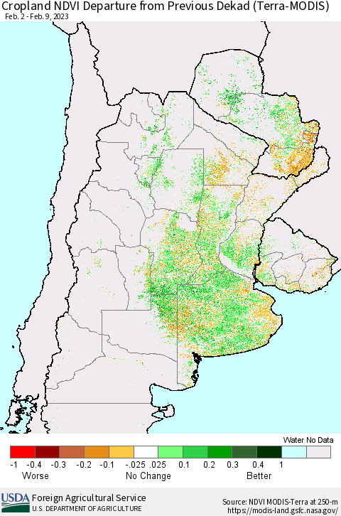 Southern South America Cropland NDVI Departure from Previous Dekad (Terra-MODIS) Thematic Map For 2/1/2023 - 2/10/2023
