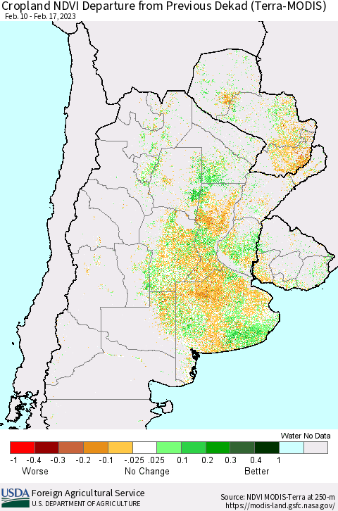 Southern South America Cropland NDVI Departure from Previous Dekad (Terra-MODIS) Thematic Map For 2/11/2023 - 2/20/2023