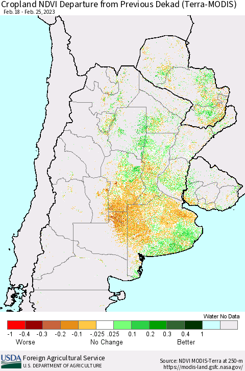 Southern South America Cropland NDVI Departure from Previous Dekad (Terra-MODIS) Thematic Map For 2/21/2023 - 2/28/2023