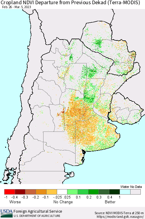 Southern South America Cropland NDVI Departure from Previous Dekad (Terra-MODIS) Thematic Map For 3/1/2023 - 3/10/2023