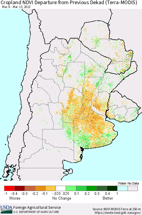 Southern South America Cropland NDVI Departure from Previous Dekad (Terra-MODIS) Thematic Map For 3/11/2023 - 3/20/2023