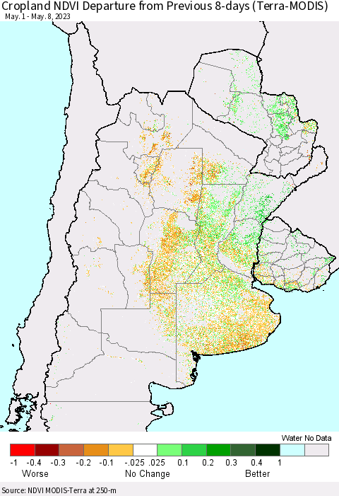 Southern South America Cropland NDVI Departure from Previous 8-days (Terra-MODIS) Thematic Map For 5/1/2023 - 5/8/2023